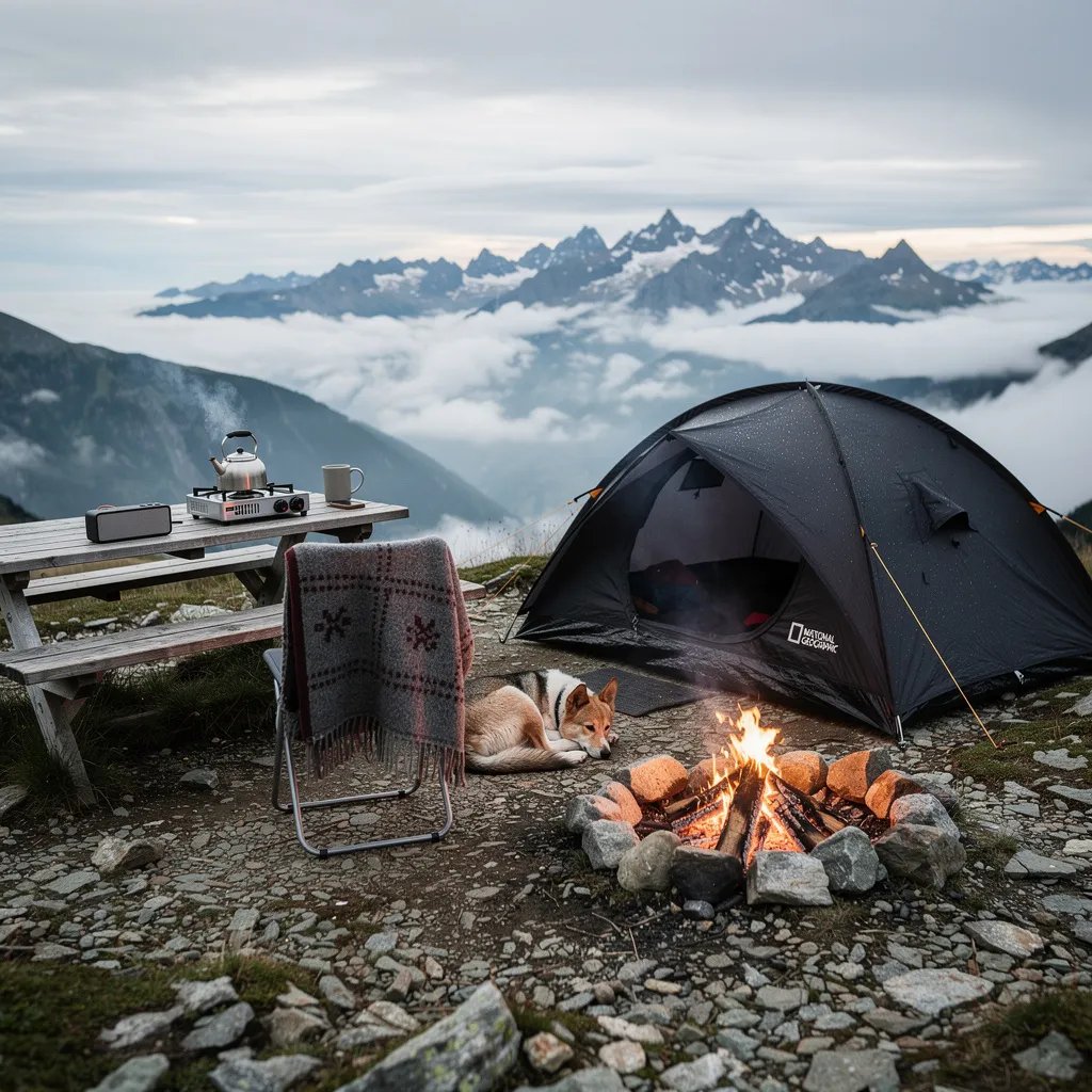 A small black tent sits on a rocky ridge high in the Swiss Alps, with clouds rolling like a soft ocean below. Misty, jagged peaks rise in the distance under a calm gray sky. A picnic table holds a little stove and kettle, while a tiny fire glows and a dog sleeps nearby. The whole campsite feels quiet, cozy, and wild.