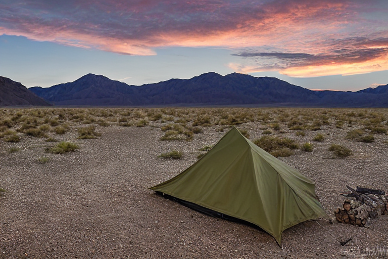 A green and tan tent rests on a quiet dirt patch in Death Valley. Nearby, logs and stones circle a small campfire as rain falls at dusk. A winding hiking path leads into the wide, peaceful desert.