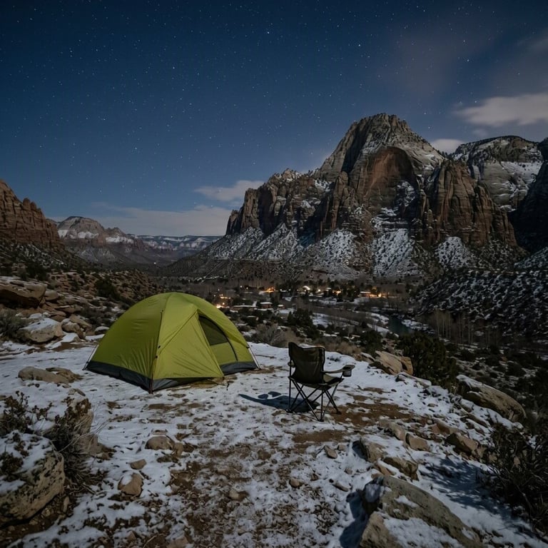 A lime-green tent rests on a rocky rise, lightly dusted with snow. A camping chair sits nearby as the quiet winter night settles over Zion’s cliffs.