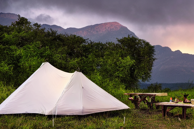 A small tent rests on a quiet dirt clearing beneath a star-filled, stormy sky. A picnic table, fallen leaves, and a berry-covered bush make the campsite feel cozy and wild, with dark mountains in the distance.