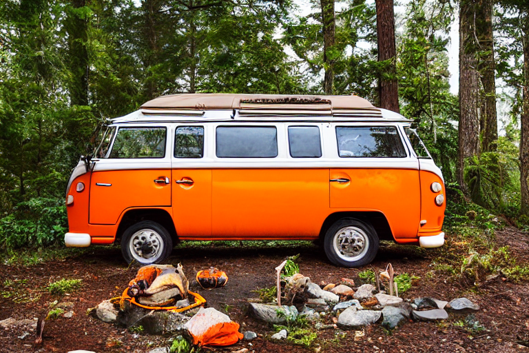 An orange VW campervan rests in a quiet Vancouver Island campsite, surrounded by foggy trees and soft daylight. A campfire ringed with stones sits on the dirt and gravel, with leaves and small twigs scattered nearby.