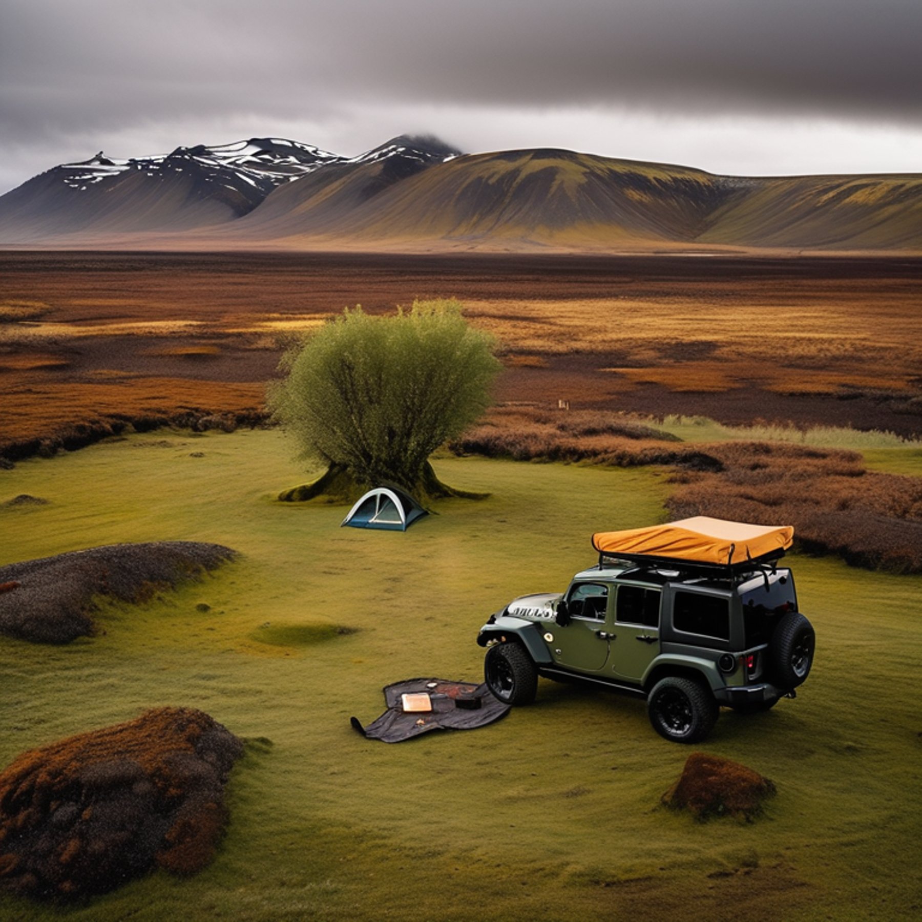 A green camo Jeep with an open rooftop tent rests on a quiet dirt campsite in Iceland. Fall-colored, mossy trees surround the camp under a cloudy sunset sky. A wooden guitar and hammock add a cozy touch to the wild scene.