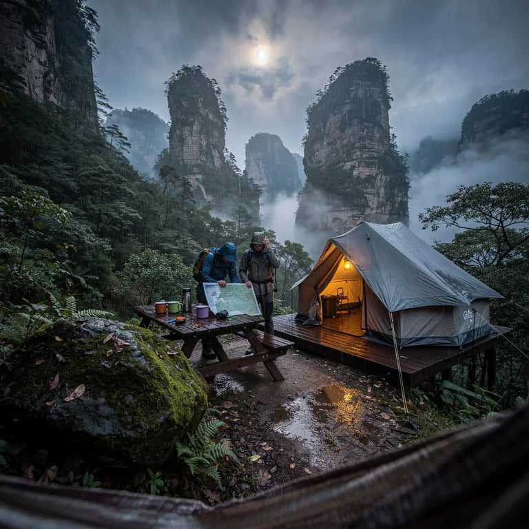 A cozy tent glows on a wooden platform in a misty mountain forest, with tall stone pillars fading into the fog. The ground is wet from a storm, and moonlight shines through fast clouds. A picnic table sits nearby with mugs and a map, while two hikers rest by a big mossy boulder.