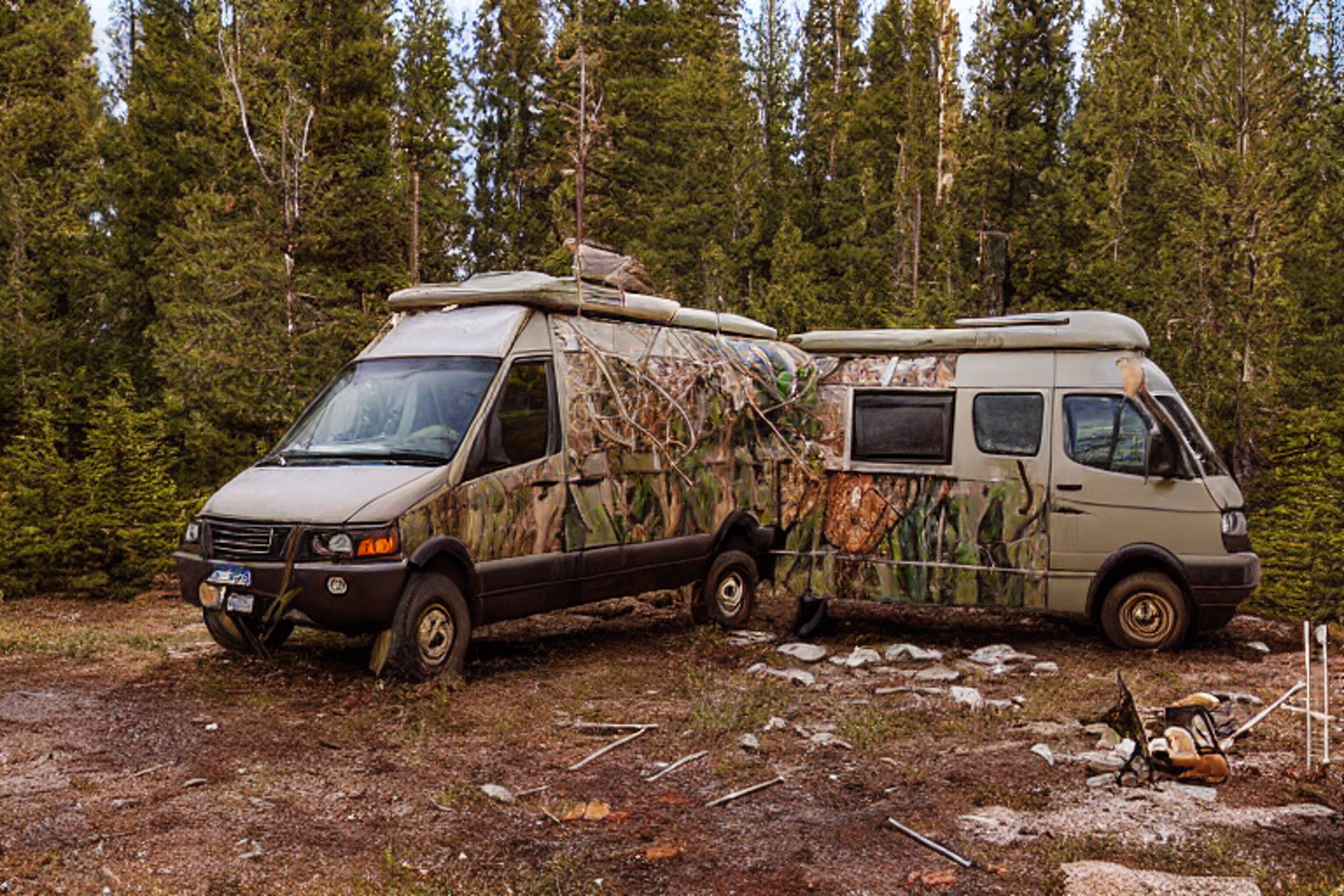 A green camo van rests on a quiet dirt campsite in Yellowstone. Snow falls among the colorful autumn trees, while a campfire warms the stones and large log nearby. Clothes hang from a line as golden light fills the peaceful scene.