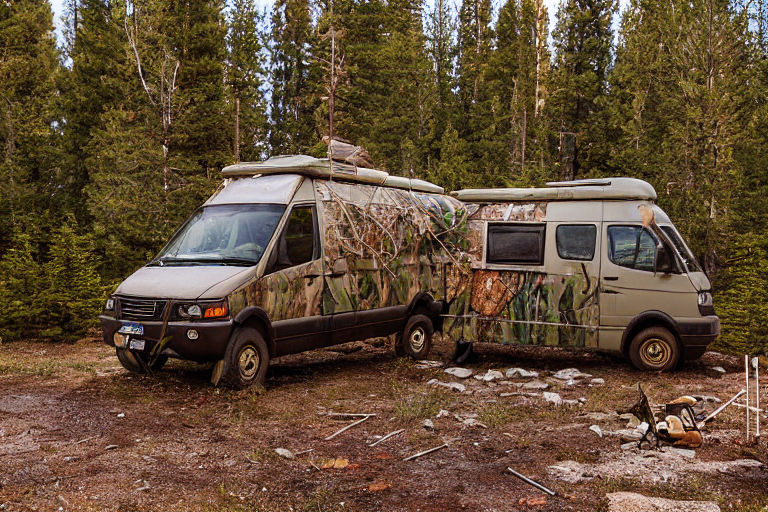 A green camo van rests on a quiet dirt campsite in Yellowstone. Snow falls among the colorful autumn trees, while a campfire warms the stones and large log nearby. Clothes hang from a line as golden light fills the peaceful scene.