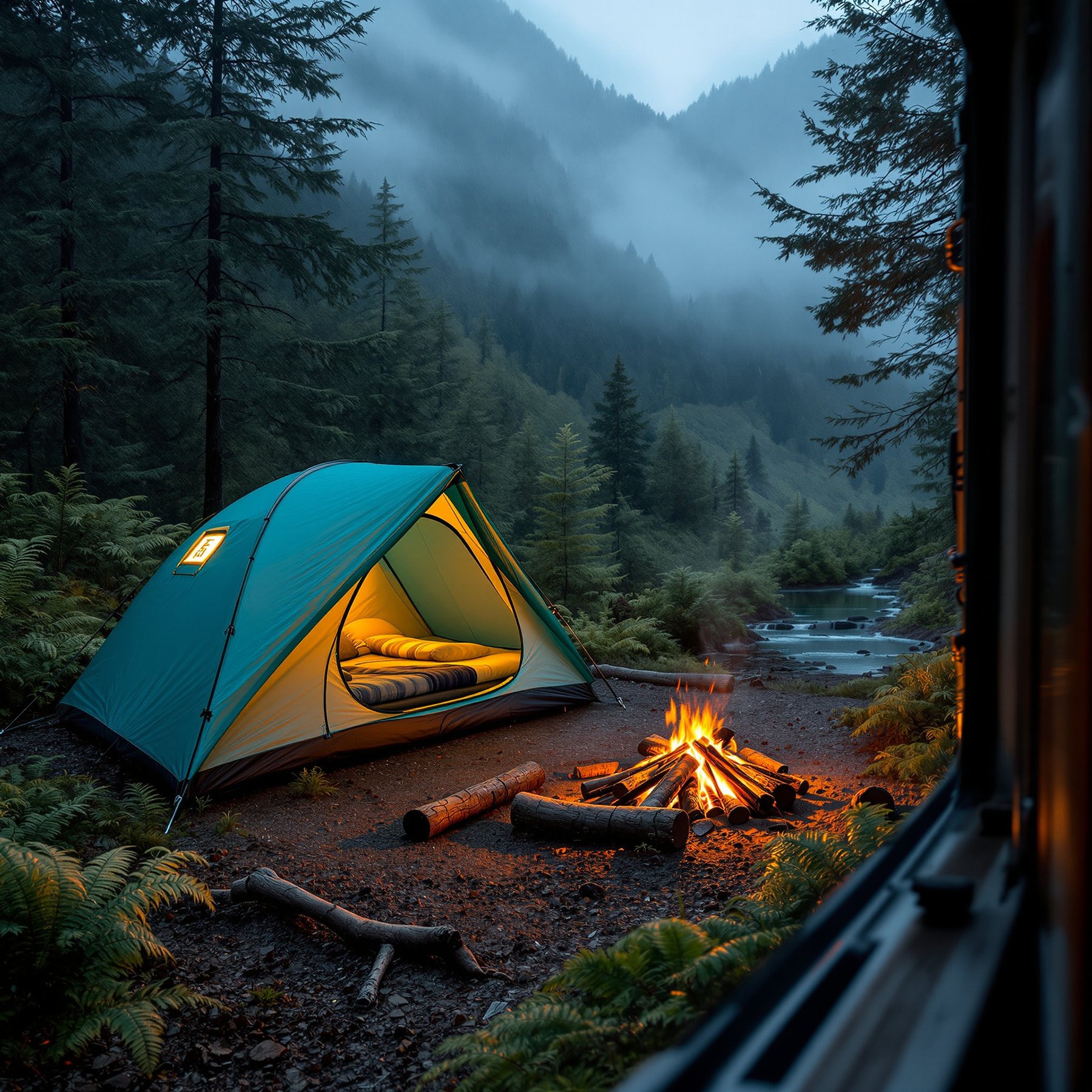 A bright tent sits by a crackling campfire in a green forest by a peaceful river. Misty mountains rise in the background, making the campsite feel cozy and magical. This spot is perfect for relaxing and enjoying nature.