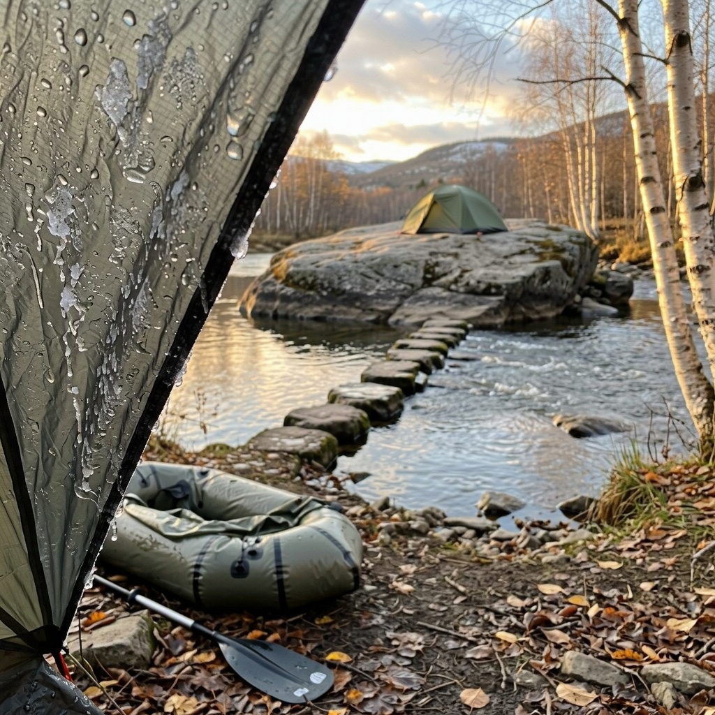 From inside a tent, stepping stones cross the river to a tent on a broad rock. Water beads on the tent fly, and a packraft and paddle lie among fallen leaves.