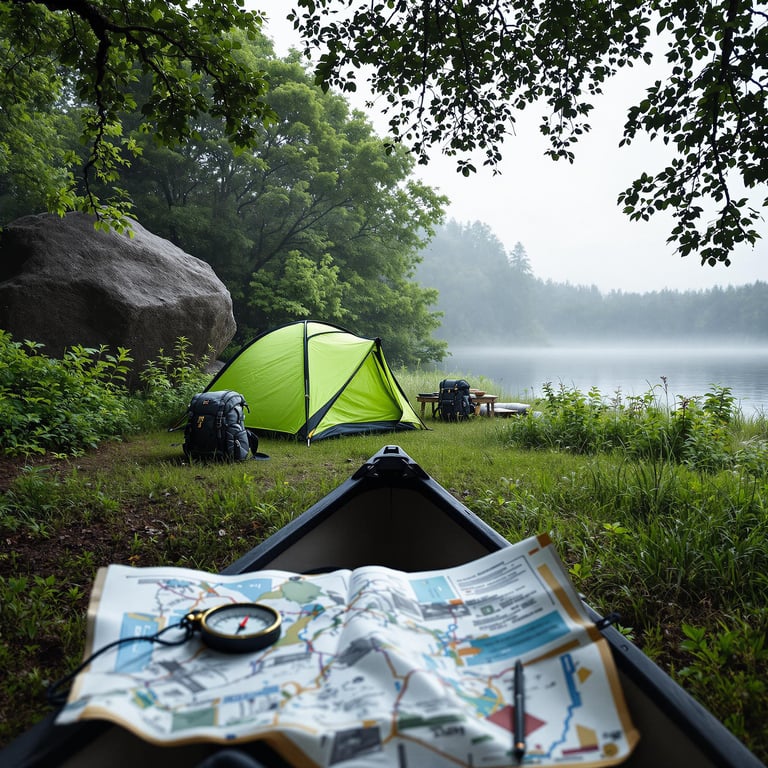 A bright lime green tent rests in a quiet, leafy grove beside a large rock. Rainy air and dewy grass give the campsite a fresh, peaceful feel. A backpack, map, and compass wait near the shore, seen from a canoe.