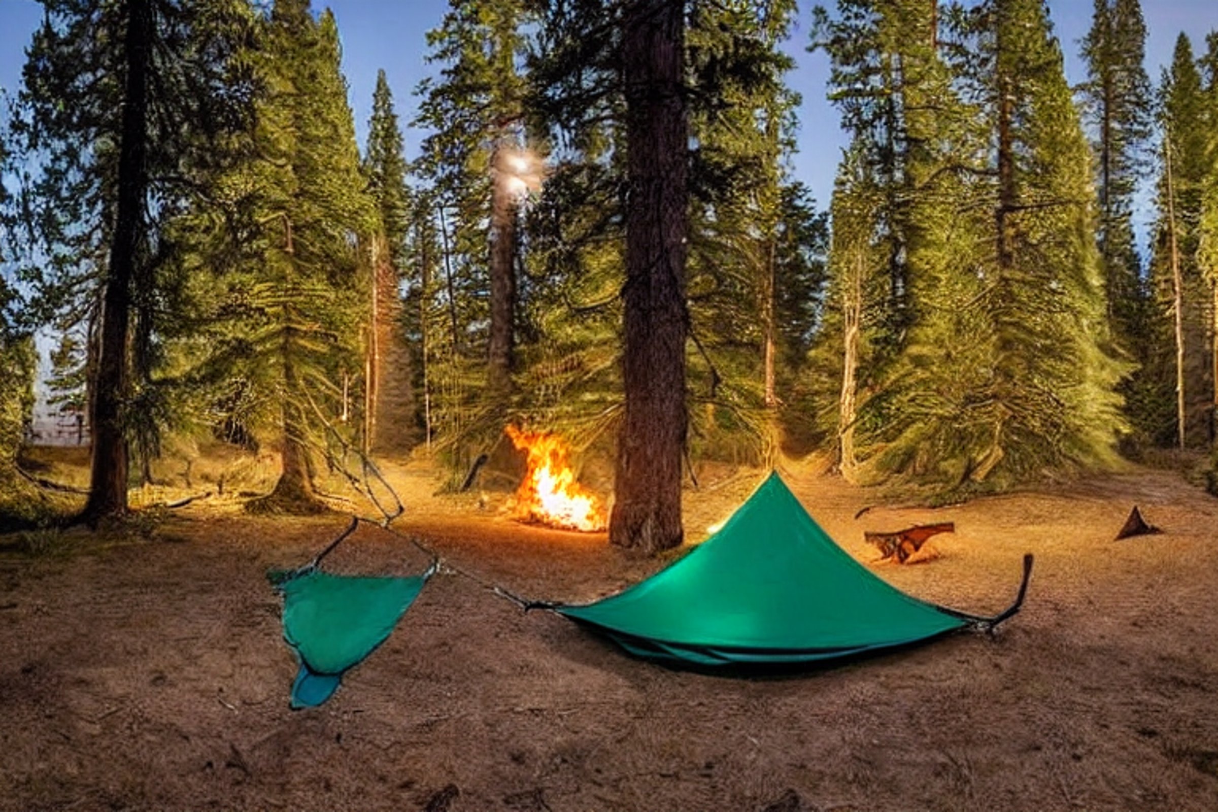 A green tent rests on a quiet dirt campsite beneath a star-filled sky. A warm campfire glows near the logs, with a hammock hanging between trees. A deer stands in the distance, while a wooden guitar rests nearby.