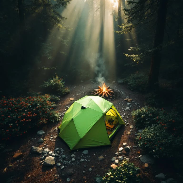 A bright lime-green dome tent rests among stones in a quiet forest campsite. A warm campfire glows beside the tent as light rain falls, with berry bushes and tall trees all around.