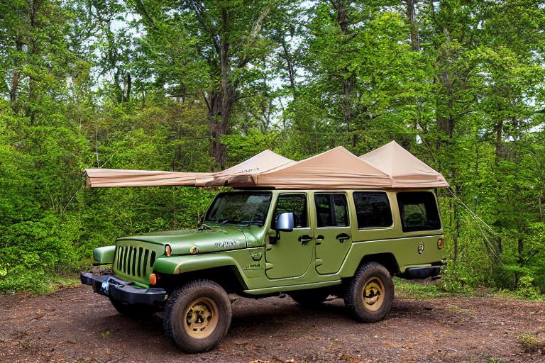 A green and tan Jeep with an open rooftop tent rests at a quiet campsite beneath tall trees. A berry-covered bush, hanging clothes, and a wooden guitar add a cozy touch, while the clear night sky shines above.