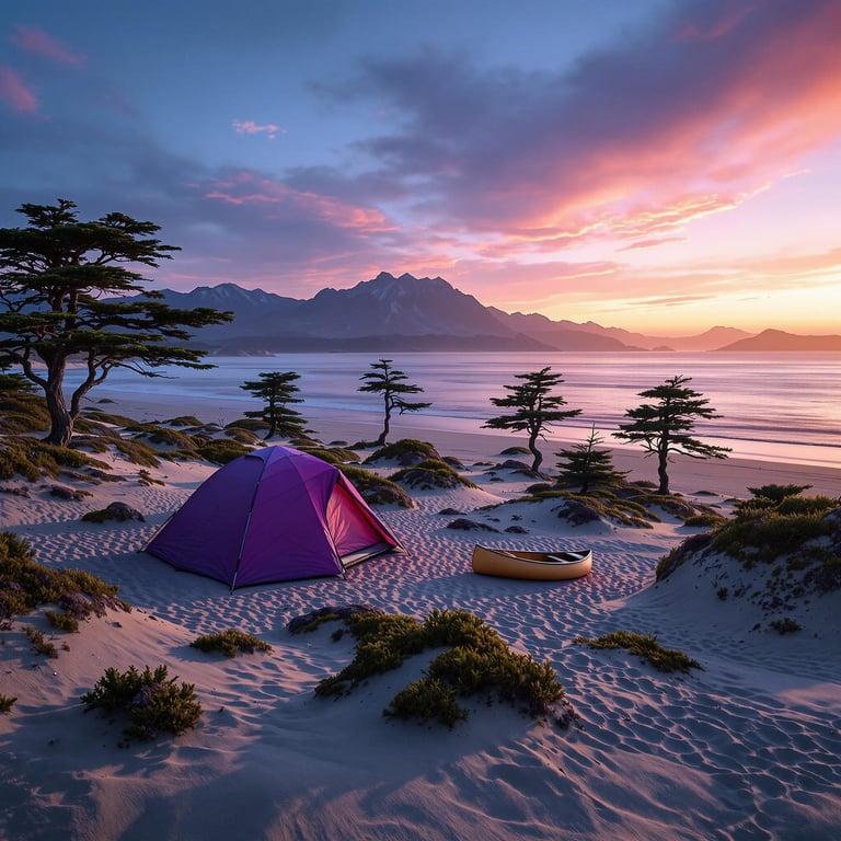 A purple tent rests among coastal dunes beside a waiting canoe. Mossy trees sway in the wind, with tall mountains glowing under the setting sun. The whole campsite feels calm, wild, and dreamlike.