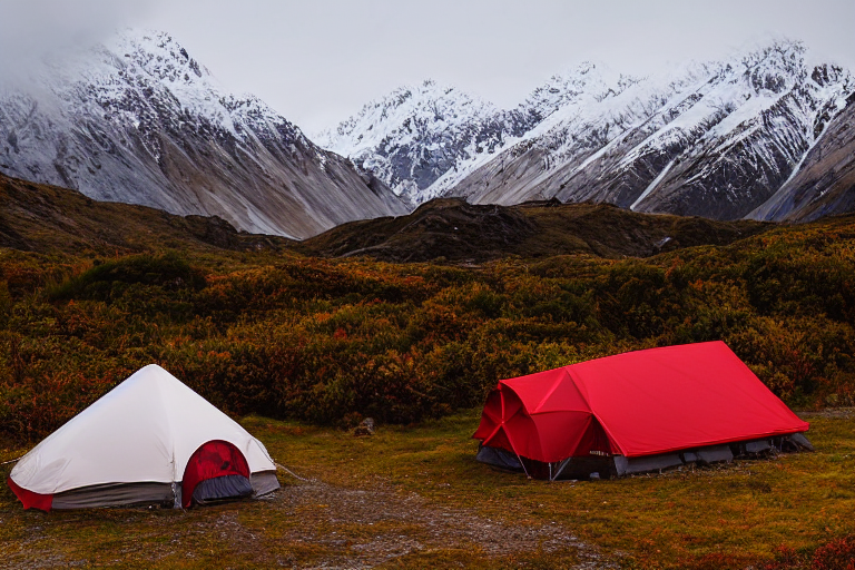 A red and white tent rests on a quiet dirt campsite in Mount Cook National Park. Fall-colored trees and thick bushes surround the area as hikers enjoy the cool, cloudy dusk. A backpack sits nearby, ready for the next adventure.