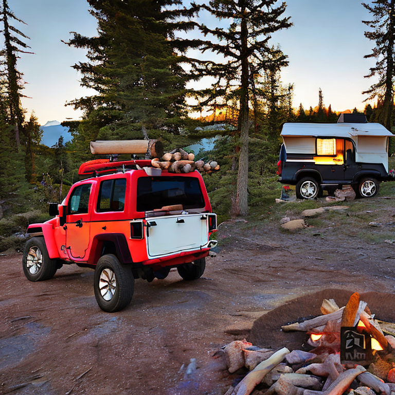 A red and white Jeep with a rooftop tent rests at a quiet dirt campsite in Banff National Park. Golden fall trees surround the spot, with stones and logs around a warm campfire. The clear dusk sky gives the peaceful scene a cozy glow.