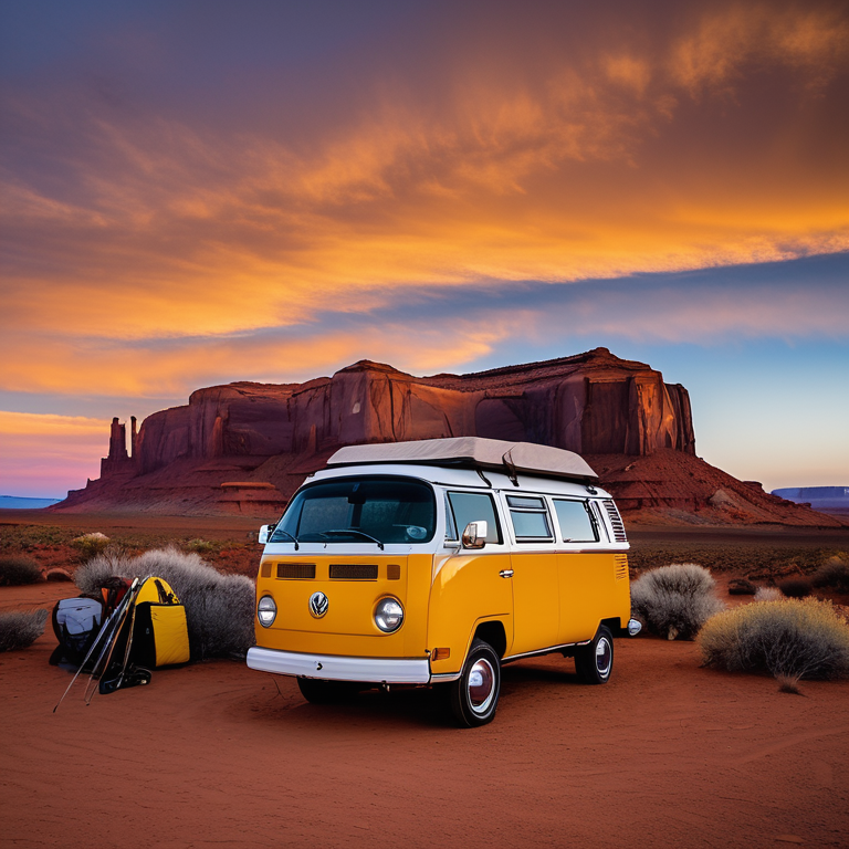 A cozy VW campervan rests at a quiet campsite beneath the golden Arizona sun. A mountain rises in the distance, while bushes surround a fire pit and a backpack sits nearby.