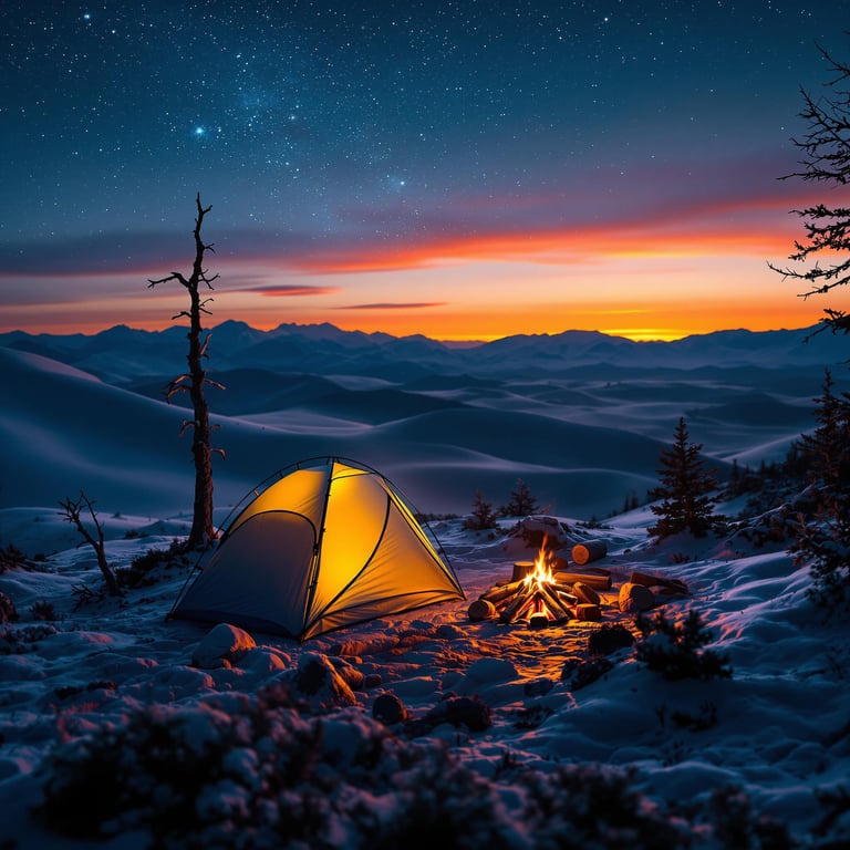 A glowing tent and warm campfire sit on a snowy hill, surrounded by gentle mountains. The sky is full of stars and painted with bright sunset colors. This peaceful campsite feels calm and magical.