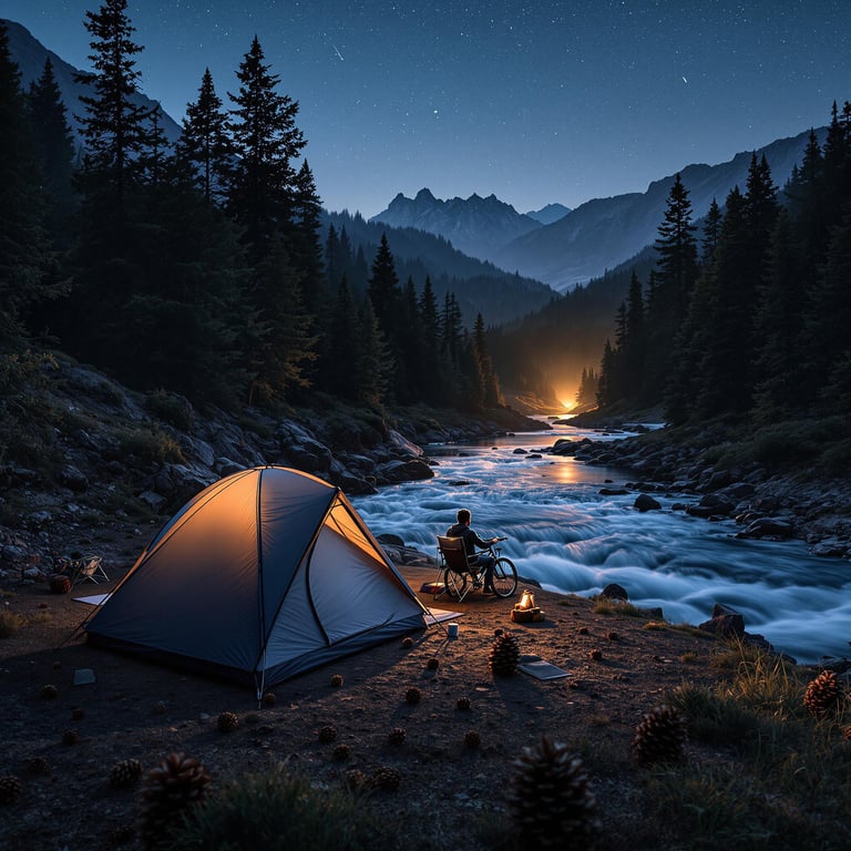 Under a sky full of stars, this cozy campsite sits by a rushing river surrounded by tall, whispering trees. A warm glow from the tent lights up the night, and a distant campfire flickers gently. It's a peaceful, magical place where nature feels alive.