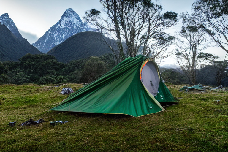 A green camo tent rests on a dirt clearing in Milford Sound. Rolling hills and leafy ground surround the quiet campsite, while a distant person shines a flashlight. Clothes hang from a nearby line under the open night sky.