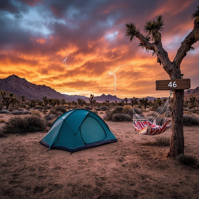 A cozy campsite rests under a dramatic sunset with lightning streaks lighting up the sky. Nearby, a hammock sways gently between desert trees, inviting relaxation. The glowing horizon paints the mountains with a fiery orange, creating an adventurous and magical atmosphere.