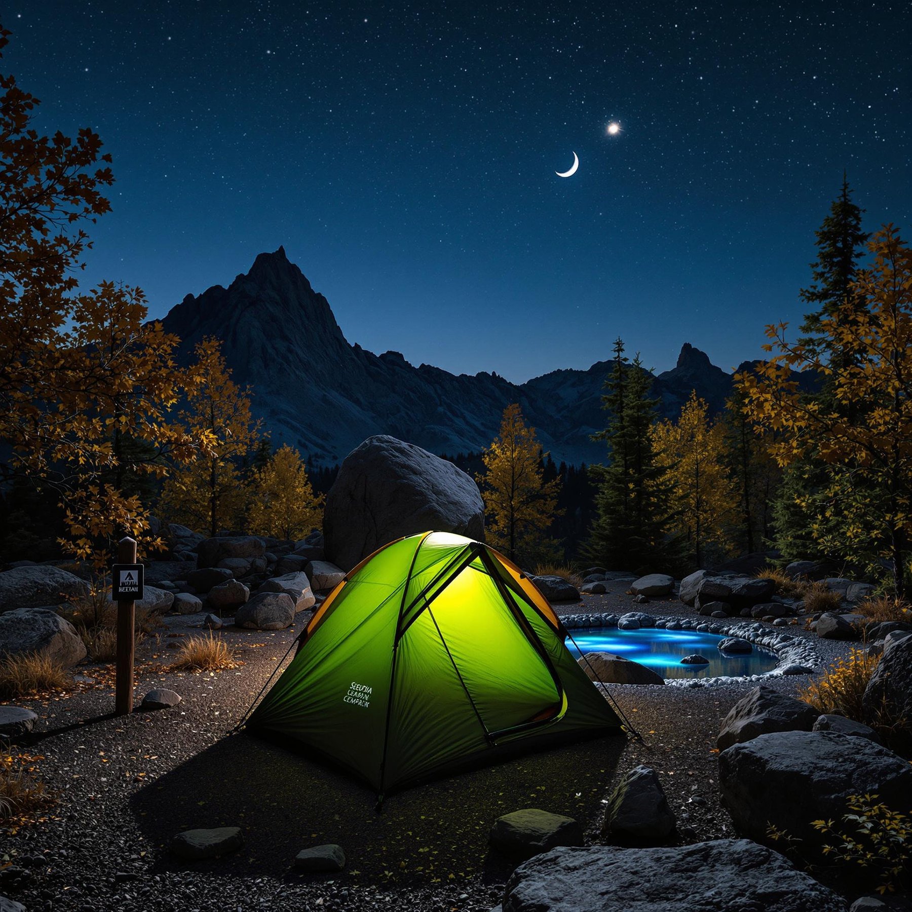 A green and tan tent rests among smooth boulders and autumn trees in Sequoia National Park. A crescent moon shines over the quiet campsite, while a nearby pond glows with blue-green algae. From above, the clear night sky makes the peaceful scene feel magical.