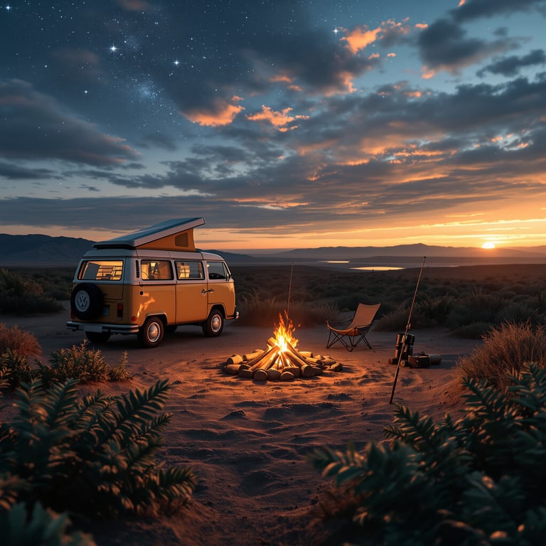 A cozy yellow van sits by a warm campfire under a starry sky. You can see mountains and a glowing sunset in the distance. This peaceful campsite is perfect for relaxing and enjoying nature.