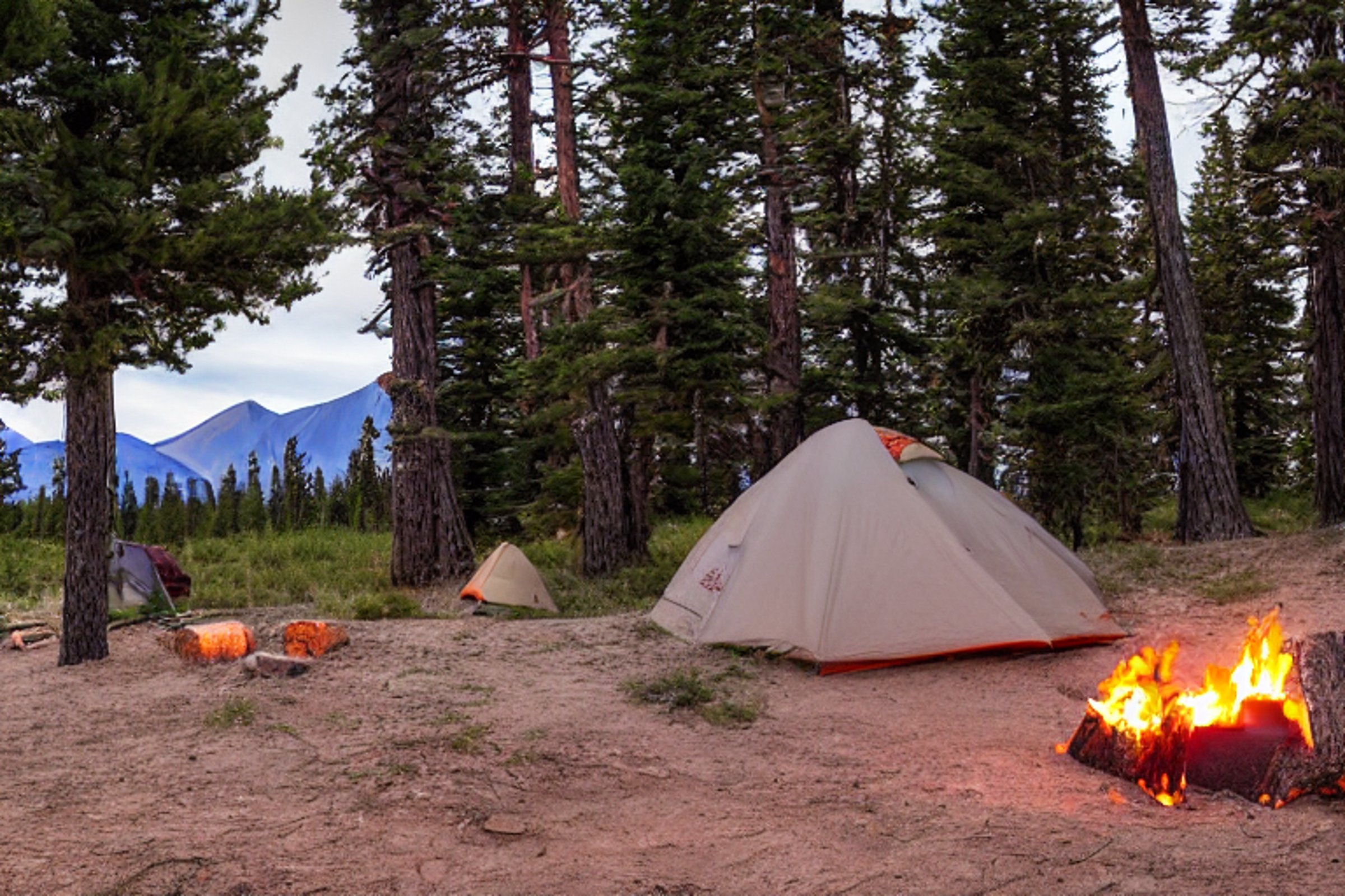 A cozy tent sits on a sandy campsite beneath the wide sky of Great Sand Dunes National Park. A small campfire glows beside the logs as hikers gather nearby, while a hammock hangs between trees. Rainy clouds soften the sunset and add a peaceful mood.