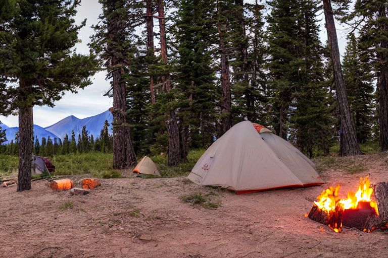 A cozy tent sits on a sandy campsite beneath the wide sky of Great Sand Dunes National Park. A small campfire glows beside the logs as hikers gather nearby, while a hammock hangs between trees. Rainy clouds soften the sunset and add a peaceful mood.