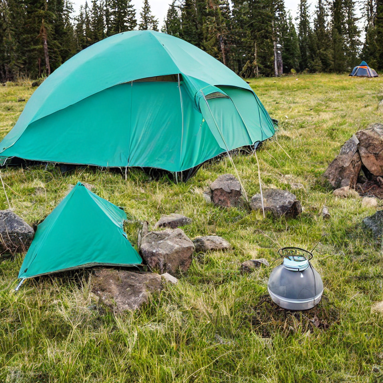 A teal tent rests on a quiet dirt patch in the Idaho plains. A warm campfire glows beside large stone slabs, with a lantern nearby. Fog drifts around the campsite while a mountain rises in the distance.