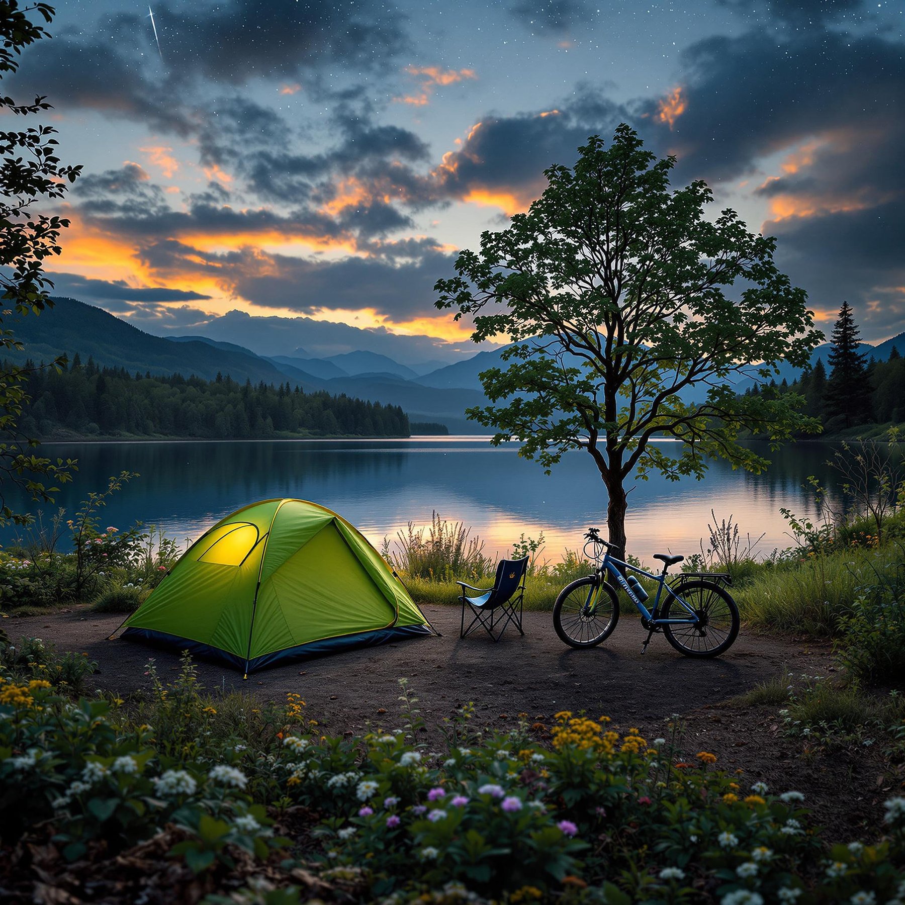 A cozy tent sits under a tree by a shimmering lake, with colorful wildflowers in front. The sky is painted with a sunset of orange and blue, and a shooting star twinkles above. It's a peaceful place for adventure and stargazing!