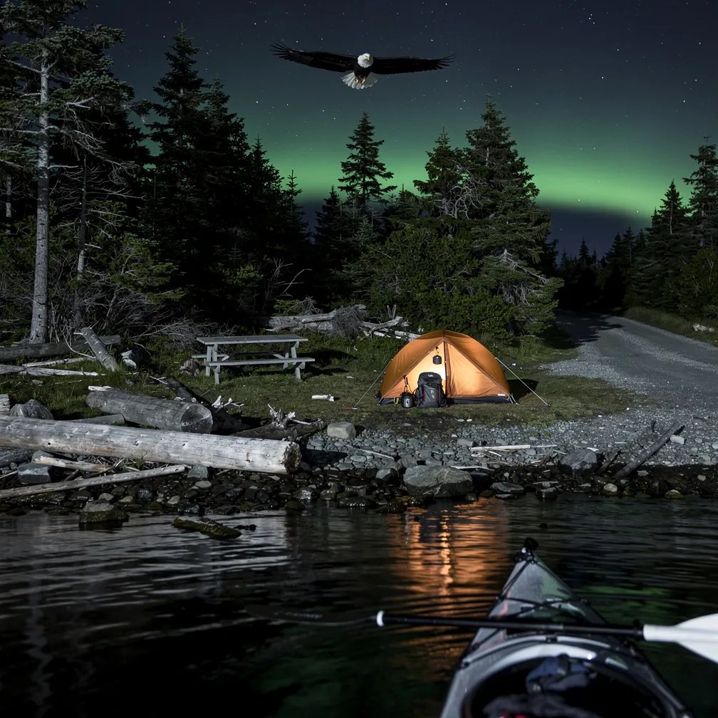 A quiet camp sits by a rocky beach with driftwood and mossy ground. A bright orange tent glows warmly near the trees, making the shoreline feel safe and cozy. The dark water is calm, and a soft green aurora and stars shine above while an eagle glides overhead.