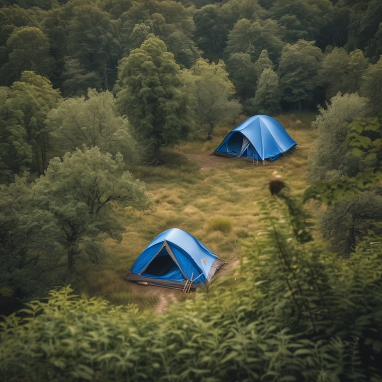 A bright blue tent rests in a green valley beneath tall trees. A backpack and fallen branch sit nearby while a squirrel darts across the dry campsite. Seen from above, the peaceful scene glows under a partly cloudy sky.