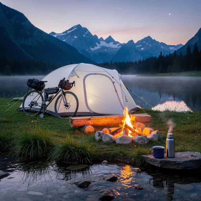 A quiet meadow campsite sits by a calm alpine lake at dusk, with a clear stream winding through the grass. A white dome tent and a bicycle rest near a small campfire, where a log makes a simple seat. Warm firelight glows on a thermos and mug while soft pastel skies and tall pine mountains fade into the distance.