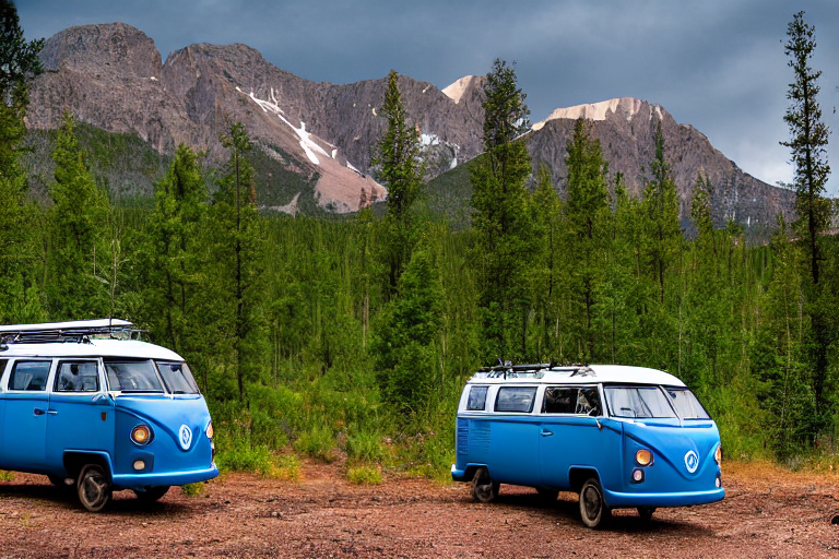 A blue campervan rests on a quiet dirt campsite beneath snowy Colorado mountains. Tall grass, mossy trees, and camping chairs surround the van as soft night light settles over the scene.