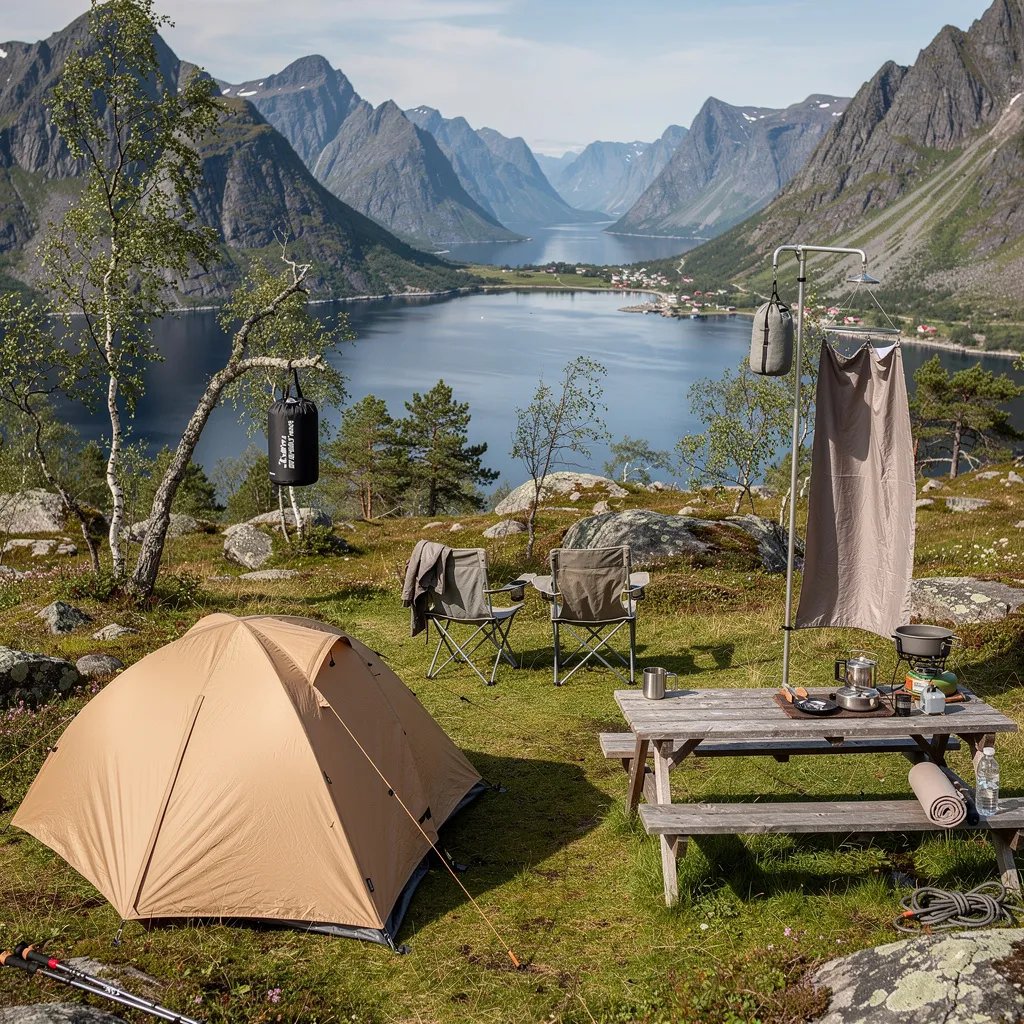 A tan tent sits on a rocky grassy hill above a bright blue fjord, with crisp air and clear midday sun. Two chairs face the water, and a weathered table holds a small stove and pots. A food canister hangs from a tree branch, and a simple outdoor shower screen stands nearby. The wide view feels quiet, wild, and fresh.