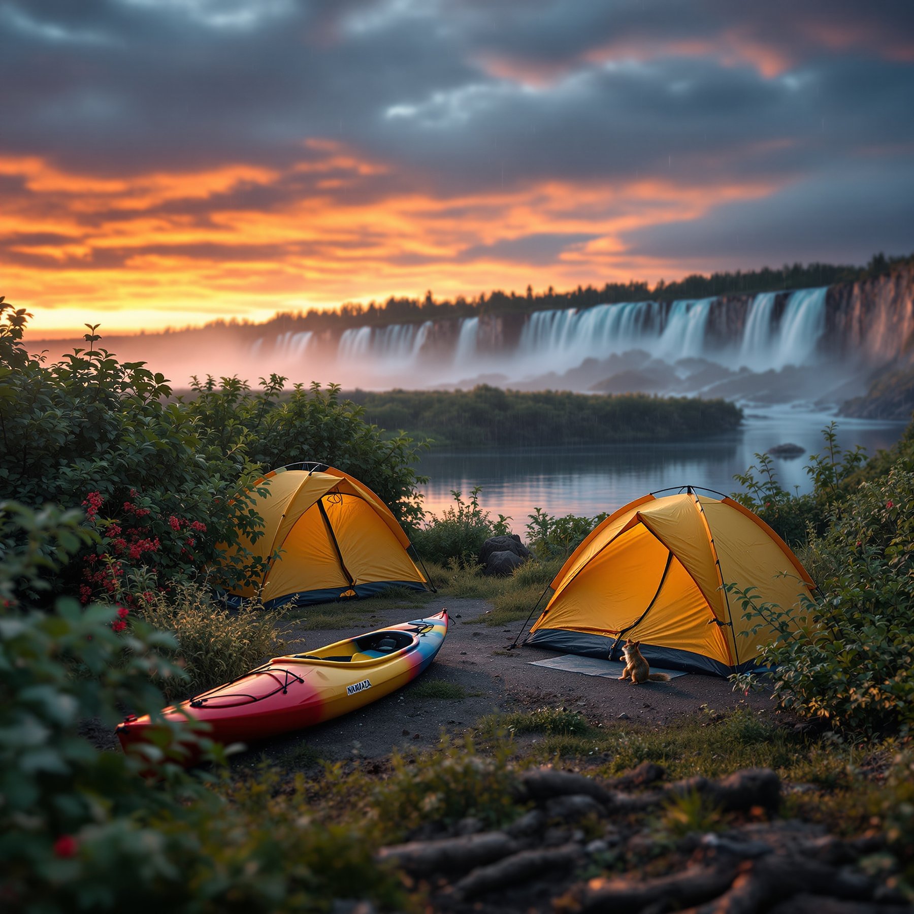 Two bright tents sit by a peaceful river, with a colorful kayak nearby and a little dog resting outside. Tall waterfalls splash in the background and the sky glows orange at sunset. This campsite feels calm and full of adventure.