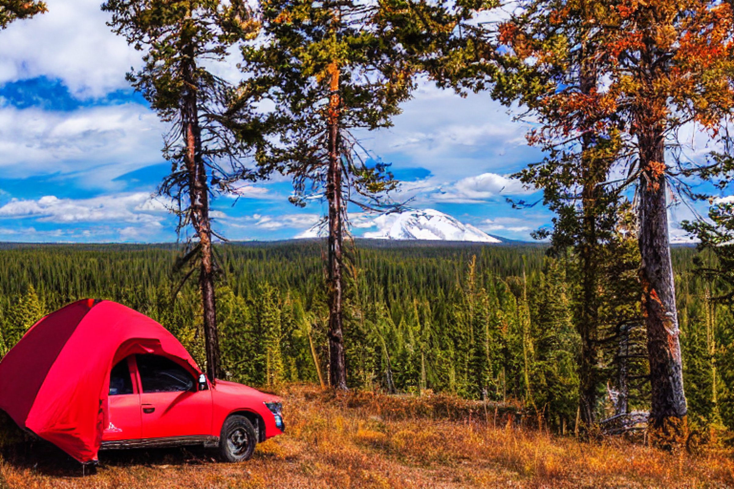 A red Subaru with an open rooftop tent rests at a cozy campsite in Yellowstone. Snow falls over golden trees and rolling hills, while a stone-ringed fire and picnic table wait nearby.