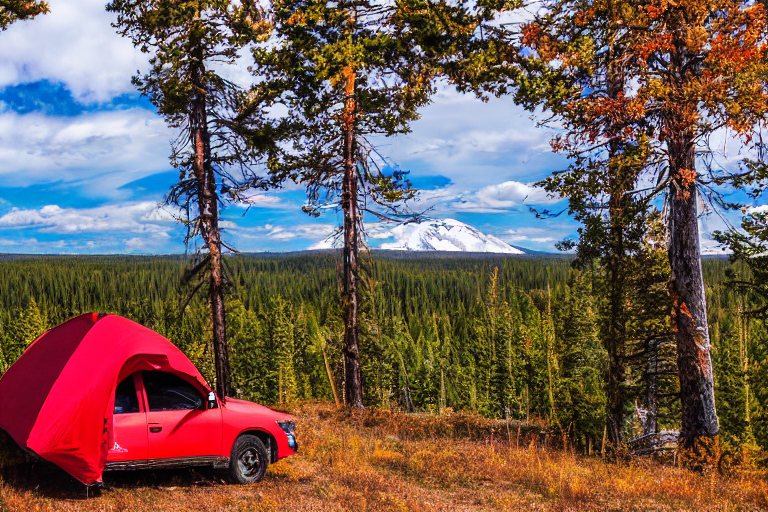 A red Subaru with an open rooftop tent rests at a cozy campsite in Yellowstone. Snow falls over golden trees and rolling hills, while a stone-ringed fire and picnic table wait nearby.