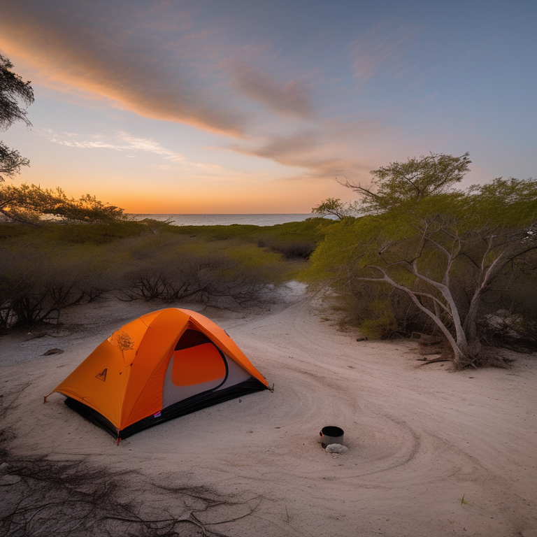 A gray and orange tent rests on a paved campsite under the night sky. Stone gravel and a large rock surround the site, while a person’s flashlight glows in the distance.