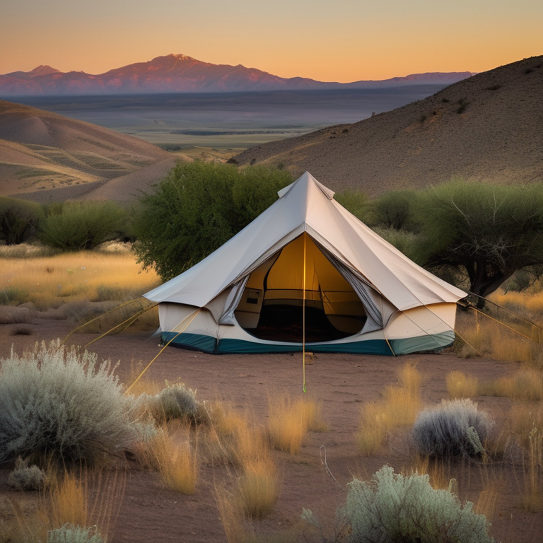 A cozy tent rests on a quiet dirt campsite in Montana. Tall trees, thick bushes, and small wildflowers surround the spot, while rolling hills stretch into the distance beneath a clear dusk sky.