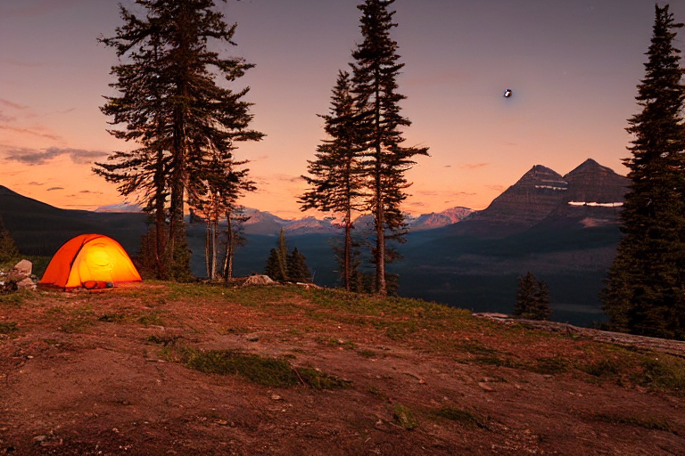 An orange tent rests on a dirt campsite beneath tall trees in Glacier National Park. Large stone slabs and a fallen log surround the campfire, while rain softens the sunset glow. A pale moon hangs in the distant sky.