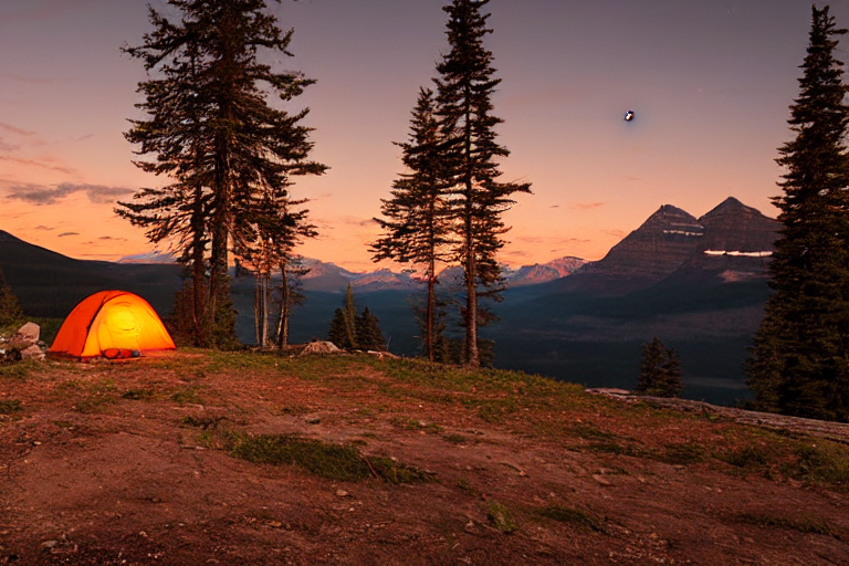 An orange tent rests on a dirt campsite beneath tall trees in Glacier National Park. Large stone slabs and a fallen log surround the campfire, while rain softens the sunset glow. A pale moon hangs in the distant sky.
