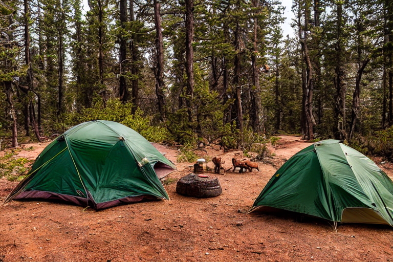 A forest-green tent rests on a sunny dirt campsite at sunrise near the Grand Canyon. A backpack and large log sit beside the campfire, while a deer wanders in the distance.