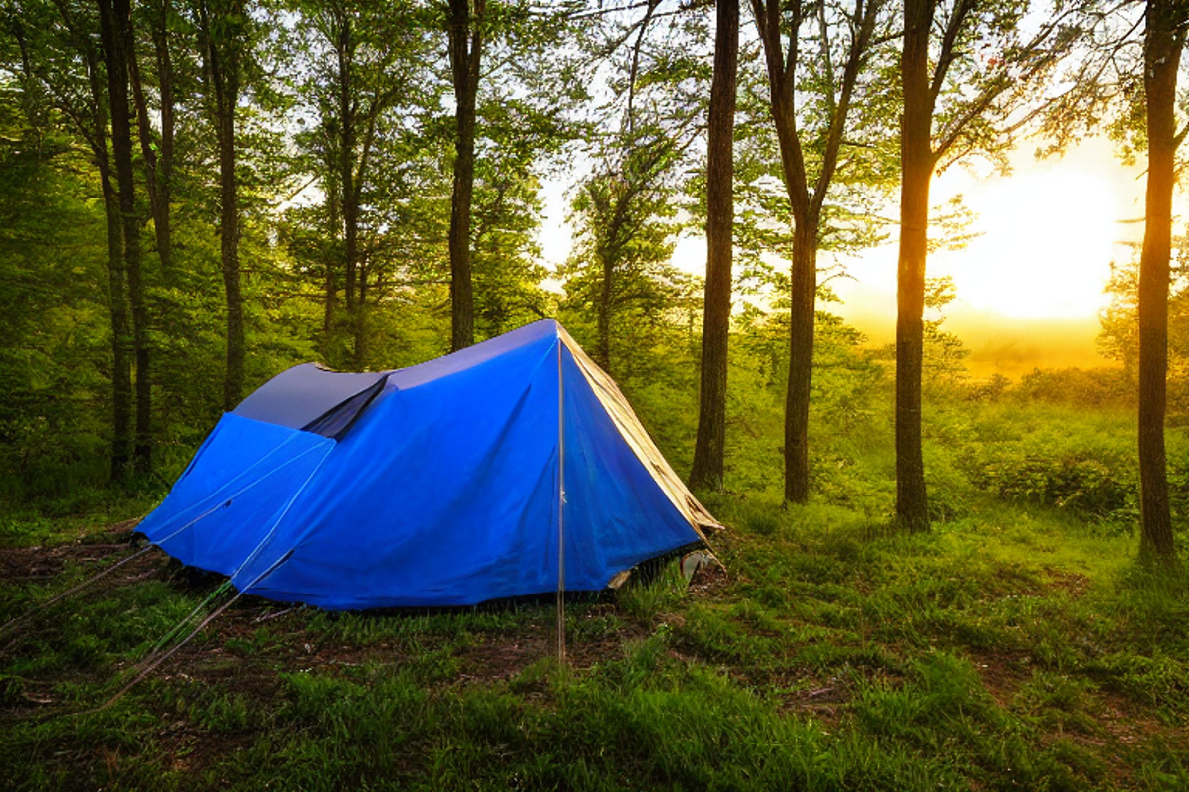 A blue tent rests on a rough dirt campsite beneath tall trees in Upstate New York. Warm light glows inside as sunset colors shine through the fog. Tall grass and rugged ground give the peaceful camp a wild, cozy feel.