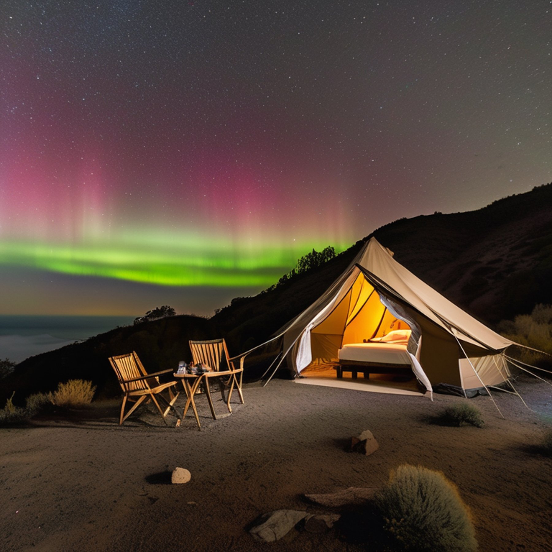 A cozy tan tent rests on a rocky campsite beneath bright green auroras. Large stone slabs, camping chairs, and a berry-covered bush surround the quiet dirt clearing.