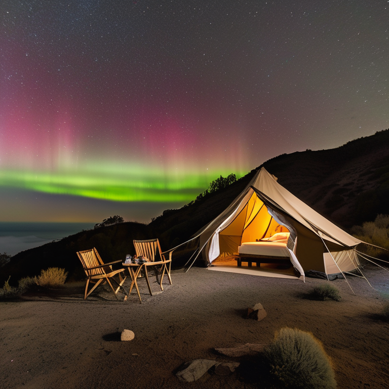 A cozy tan tent rests on a rocky campsite beneath bright green auroras. Large stone slabs, camping chairs, and a berry-covered bush surround the quiet dirt clearing.