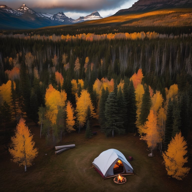 A dark gray tent rests among colorful fall trees in snowy Glacier National Park. A warm campfire glows beside wooden logs, with a guitar nearby. Above, meteors streak across the night sky.