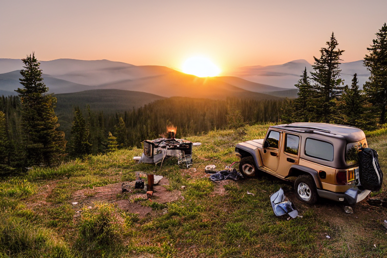 A brown Jeep with a rooftop tent rests beside a warm campfire in the foggy Montana hills. Wildflowers, a backpack, and a large rock add charm to the dirt campsite, while a distant camper’s flashlight glows at sunset.