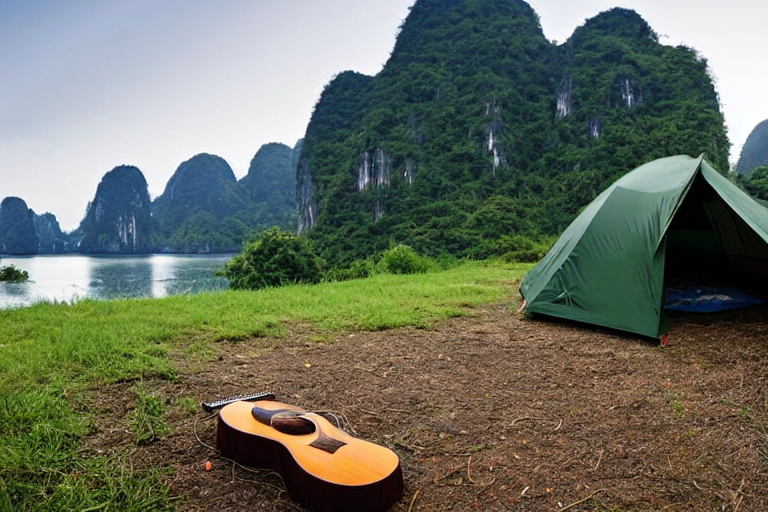 A green camo tent rests beside a glowing campfire under a sky full of stars. Mountains rise in the distance, while a clear stream winds through the rocky campsite. A wooden guitar lies nearby, adding a cozy touch.