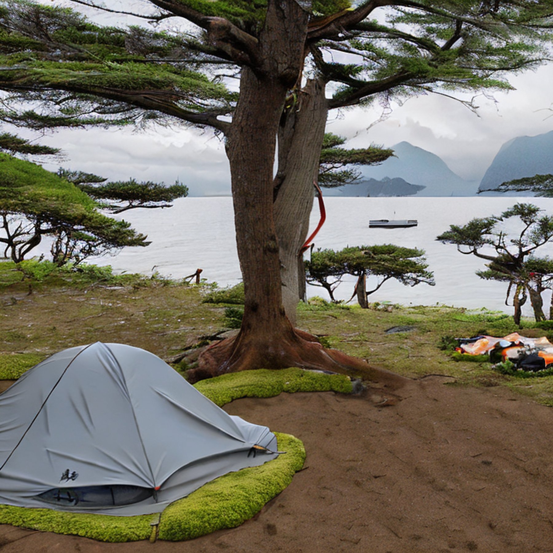 A cozy tent sits beside a small campfire in a mossy forest on Miyajima, Japan. Wildflowers brighten the dirt campsite, while stormy skies create a cool, peaceful mood. A parking spot rests nearby, and a warm flashlight glows inside the tent.