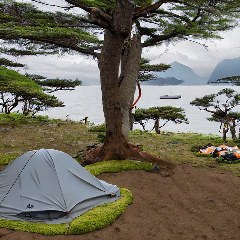 A cozy tent sits beside a small campfire in a mossy forest on Miyajima, Japan. Wildflowers brighten the dirt campsite, while stormy skies create a cool, peaceful mood. A parking spot rests nearby, and a warm flashlight glows inside the tent.